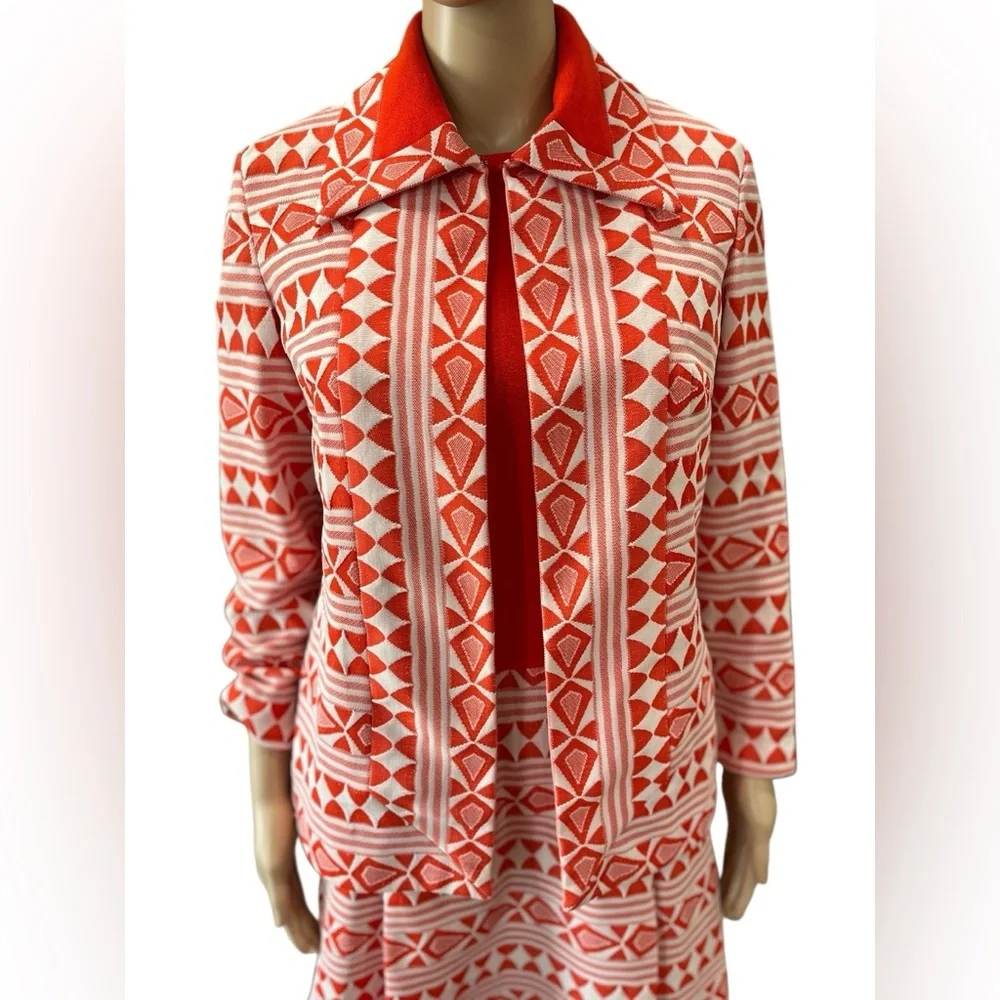 Mod two piece orange and white R&K knits dress jacket set-L 70’s vintage